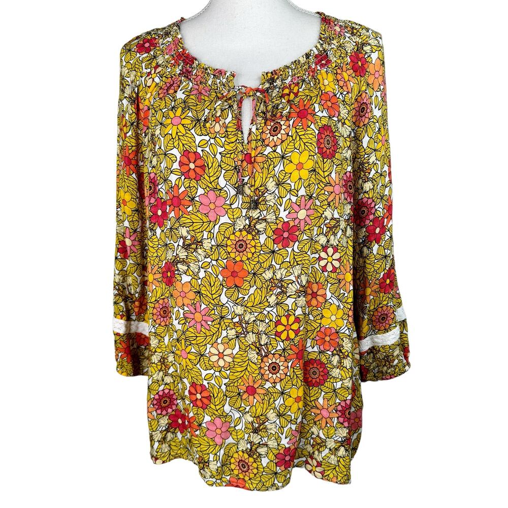 Jane and Delancey Floral Smocked Tunic Top Boho Bohemian Yellow Orange Red XL ￼ - Picture 2 of 9